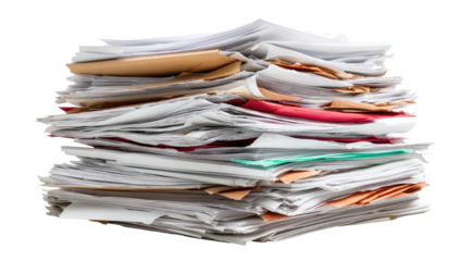 Close-up of a chaotic, overflowing stack of papers and folders, representing overwhelming paperwork