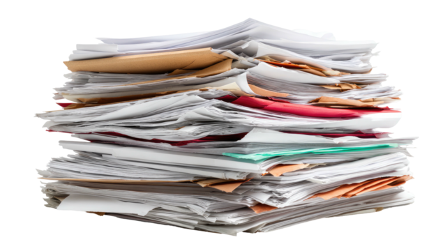 Close-up of a chaotic, overflowing stack of papers and folders, representing overwhelming paperwork