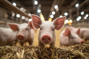 Group of young pigs standing on straw bedding inside a barn with bright lighting
