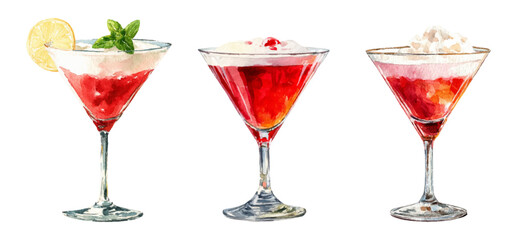 Set of trendy watercolor cocktail glasses. Triangular glasses with red cocktail and white foam decorated with berry. Vintage alcoholic drinks. Bar elements.