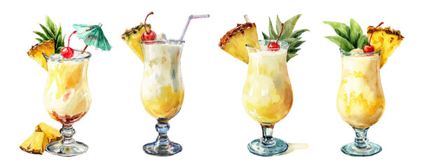 Watercolor set of pina cola. Alcoholic cocktails pina colada with pineapple slices. Castin cocktails for bar drinks. Vector illustration.