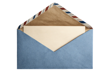 Open blue envelope with airmail stripes and a letter inside, isolated on transparent background