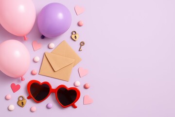 A fun and playful Valentine's Day flat lay with heart sunglasses, balloons, and love letters on a purple background. A festive corner with copy space.