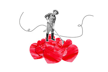 Collage 3d image of pinup pop retro sketch of agriculture heart shape valentine day love cultivating bizarre unusual fantasy billboard