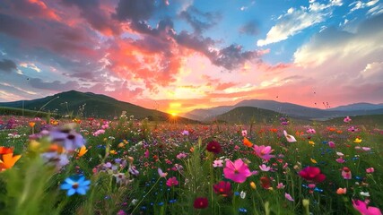 A vast field of flowers stretches as far as the eye can see, bursting with vibrant colors and gentle, swaying blooms.