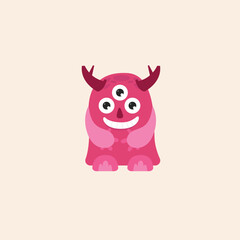 A cute, pink, three-eyed monster with small horns and a friendly smile, set against a light beige background.