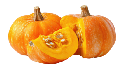 Vibrant close-up of three pumpkins, one sliced revealing seeds; all radiant orange