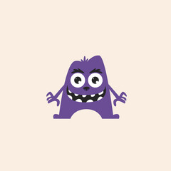 A purple cartoon monster with big eyes and a toothy grin stands on a light beige background.