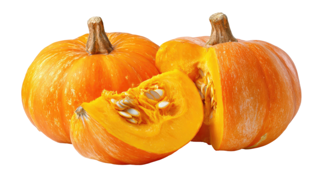 Vibrant close-up of three pumpkins, one sliced revealing seeds; all radiant orange