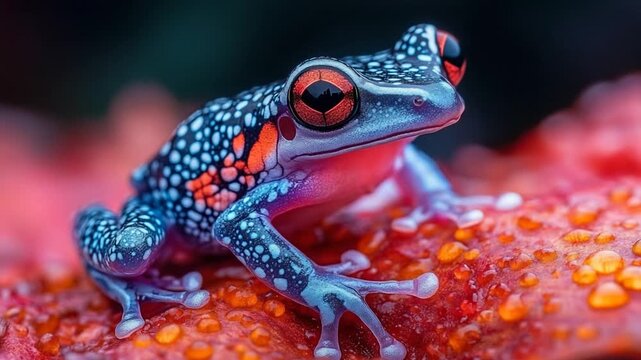 Macro Closeup of a Colorful Spotted Tree Frog with Red Eyes.