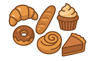 Assortment of fresh baked goods including croissant baguette donut cupcake and slice of pie