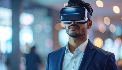 Man in Virtual Reality Headset in Blue Sequined Blazer against Blurred Background with Bokeh Lights. High Tech Business Technology Concept