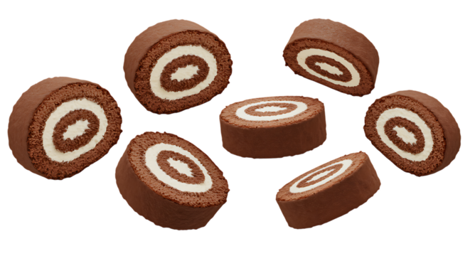 Delicious chocolate swiss roll slices with creamy filling on transparent background