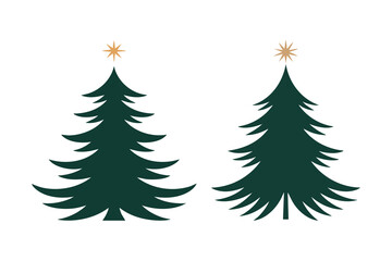 Set of Two Minimalist Dark Green Christmas Trees with Golden Stars