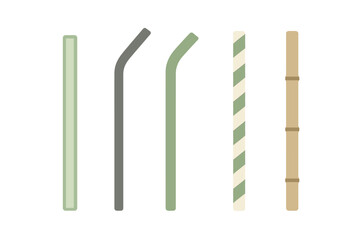 Set of five different reusable drinking straws including metal, silicone, paper, and bamboo materials