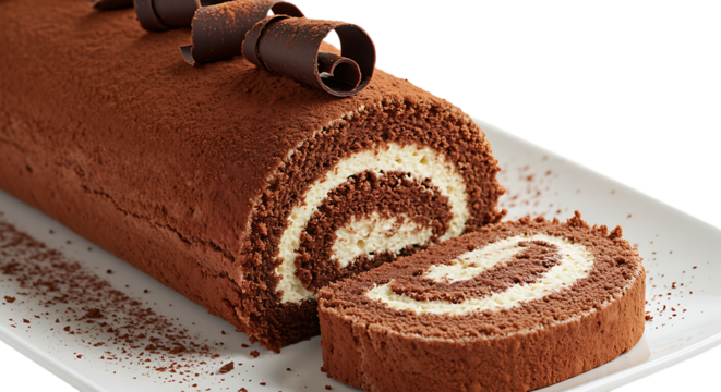 Delicious chocolate swiss roll cake with cocoa powder beautifully presented on transparent background