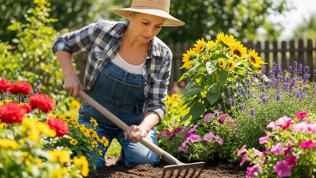 Woman gardening, enjoying outdoor activity with rake and blooming flowers. Woman gardening, tending flower beds with a variety of perennials and seasonal blooms,