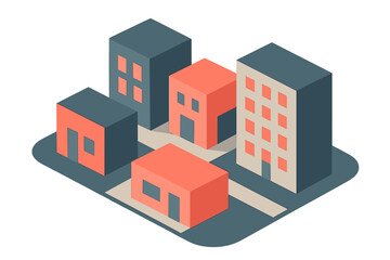 Modern abstract isometric city block featuring geometric downtown architecture