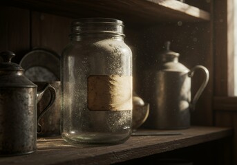 Dusty glass jar on wooden shelf in vintage pantry
