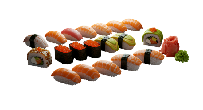 Assorted sushi rolls and nigiri pieces a delicious japanese cuisine on transparent background