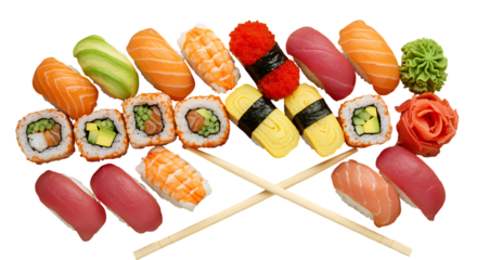 Assorted colorful sushi rolls and nigiri with chopsticks on transparent background