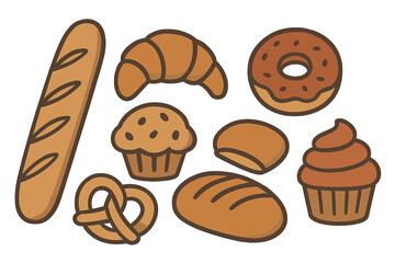 Collection of sweet and savory bakery items including baguette, croissant, donut, and pretzel