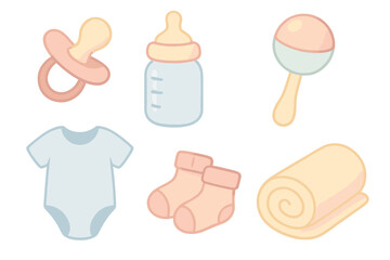 Collection of essential baby items including pacifier, feeding bottle, rattle toy, onesie, socks, and blanket