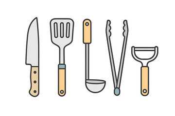 Essential kitchen utensils set featuring knife spatula ladle tongs and peeler