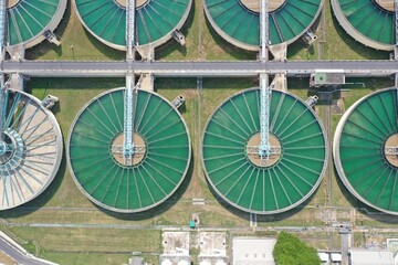 Drinking Water Treatment Technology and Distribution Plant. Aerial view of metropolitan waterworks authority. Water recycling industry.