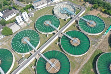 Drinking Water Treatment Technology and Distribution Plant. Aerial view of metropolitan waterworks authority. Water recycling industry.
