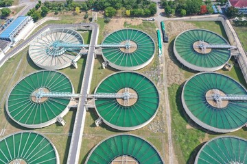 Drinking Water Treatment Technology and Distribution Plant. Aerial view of metropolitan waterworks authority. Water recycling industry.
