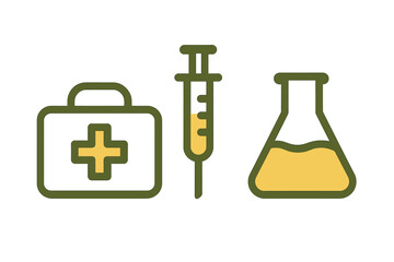 Medical and laboratory equipment symbols: first aid box, syringe, and conical flask
