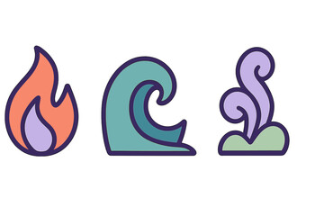 Naklejka premium Modern stylized graphic icons representing the natural elements of fire, water, and air