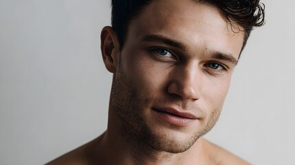 Obraz premium Close up portrait of a handsome man with blue eyes against a neutral background