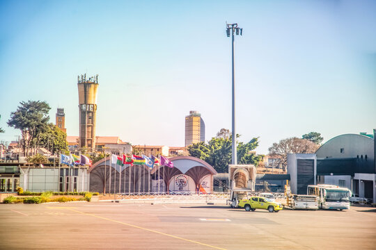 Antananarivo, Madagascar - October 05, 2023: Nairobi airport terminal with flags and modern architecture in view