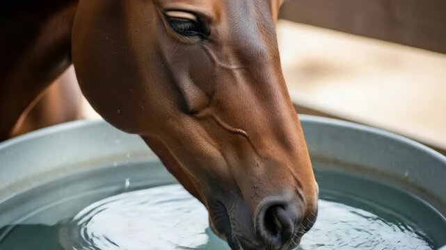 Thirsty horse at water trough on farm enjoying clean refreshment. Thirsty horse quenches thirst, reaching down to drink cool water from large trough.