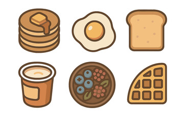 Delicious morning breakfast food with pancakes, fried egg, toast, and berries