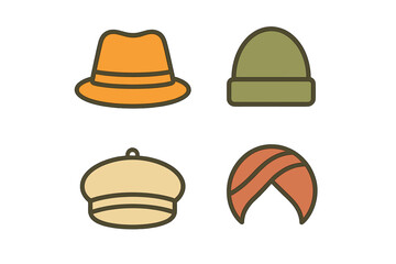 Four diverse headwear icons featuring a fedora, beanie, cap, and turban