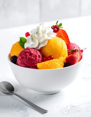 Colorful ice cream sundae in a white bowl, topped with whipped cream and fresh berries