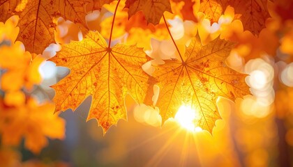 Obraz premium Maple Leaves Glowing in Autumn Sunlight Close Up Detailed Shot Orange Hues Bokeh Background Fall Season Vibrant Colors Warm Lighting Nature Outdoors