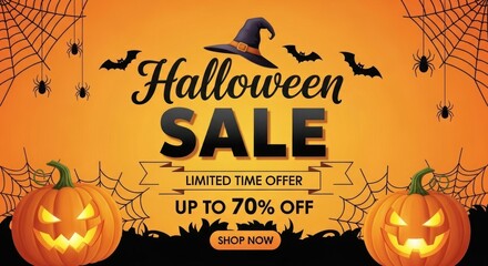 Vector art of halloween sale banner with pumpkins, bats, spider web and witch hat