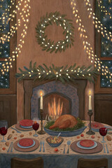 Cozy Christmas Dinner Table by Fireplace with Candles — Watercolor Art