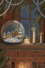 Christmas Snow Globe with Candles and Garland — Watercolor Illustration