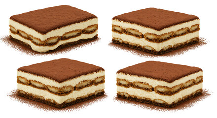 Four square tiramisu desserts with cocoa powder perfect for design on transparent background