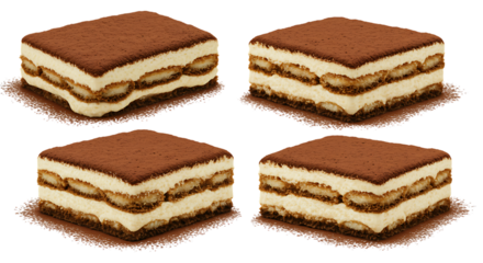 Four square tiramisu desserts with cocoa powder perfect for design on transparent background