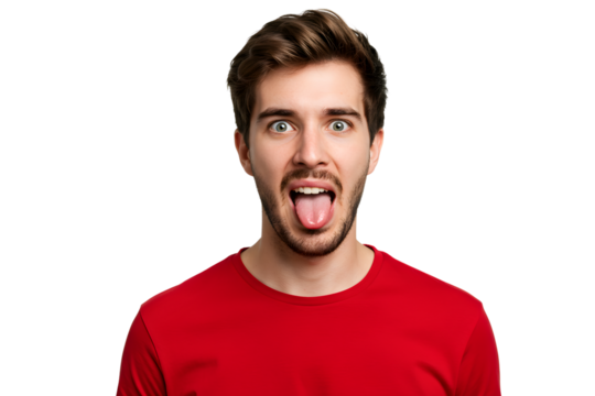 Man sticking out his tongue with wide eyes isolated on transparent cutout background, cut out, png