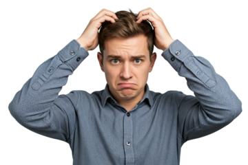 Confused man scratching head expression isolated on transparent cutout background, cut out, png