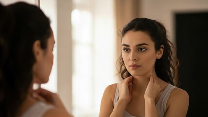 Woman in mirror examines neck for breast cancer awareness month, supporting October Pink day. Young woman examines her neck looking for lumps during breast cancer awareness,