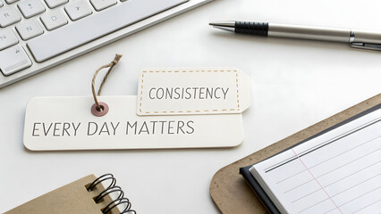 Paper tag displaying the word consistency on a workspace desk