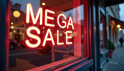 Neon "MEGA SALE" sign in storefront, urban retail promotion